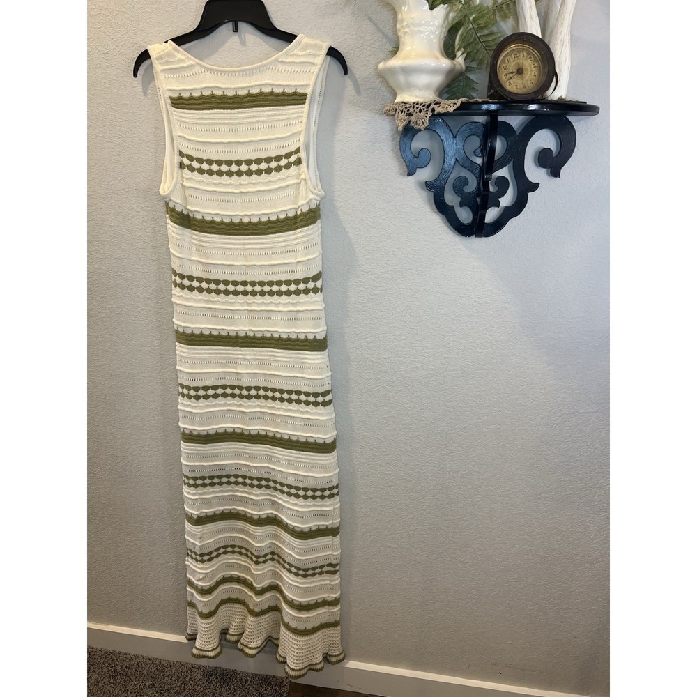 idem ditto Cream Olive Green Crochet Maxi Dress Sz L Boho Western Cottage As Is - Picture 6 of 14
